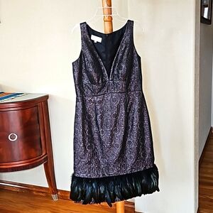 Badgley Mischka, Metallic Black Cocktail Dress with Feathered Hem, Size 8